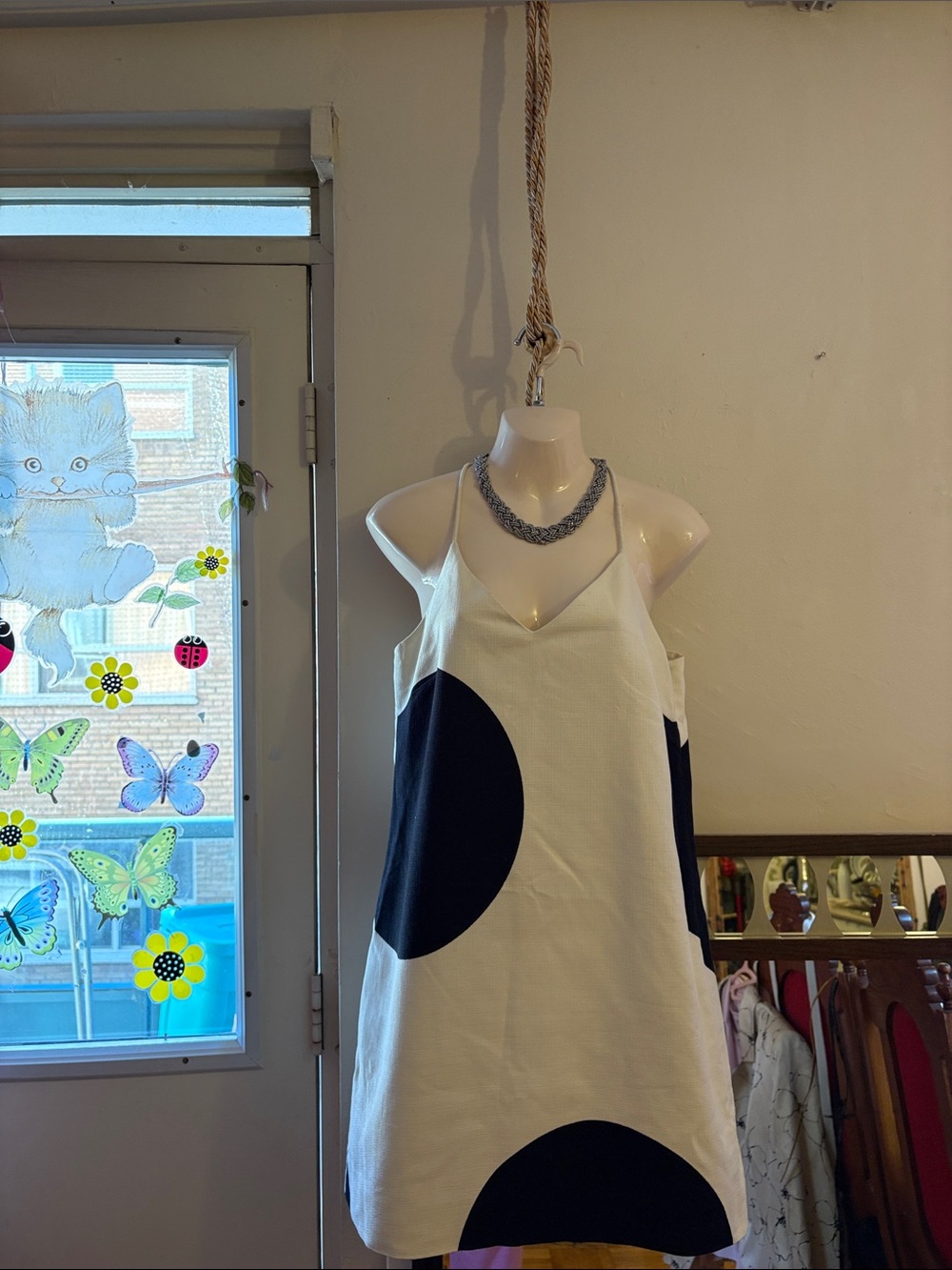 J. Crew White Mini Dress with Black Graphic Circles. Cotton